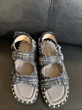 Stuart Weitzman Tweed Pearl-Trim Sandals in Black and White